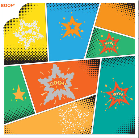 Explode effect animation. For game animation or design. Boom vector illustration. Cartoon explosions on the dark background. Comic book page with Storyboard of fireballのイラスト素材