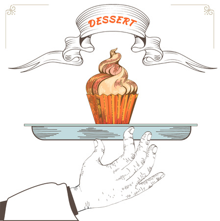 Dessert menu design. Element for an restaurant with the hand of a waiter carrying a tray. Loaded with an Cupcakeon white background. Tasty food. Eps 8のイラスト素材