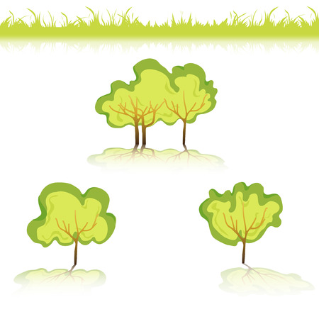 Green Grass with bushes. Isolated On White Background. Grass different shape. Vector Illustration. Concept design elements for garden. Spring Garden with shadow-01のイラスト素材