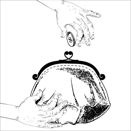 Financial business Illustration. Hand giving money to Purse. How to earn first million. Isolated Illustration. Earnings in the Internet.のイラスト素材