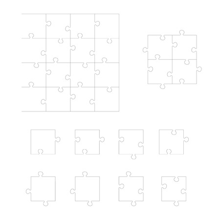 Set of Jigsaw puzzle. Every piece is a single shape. Puzzle for kids. Rebus for preschoolers. Cutting guidelines. Puzzle elements different shape. Eps 8のイラスト素材