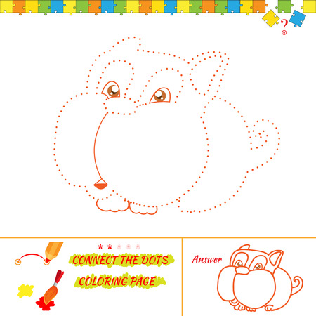 Connect the dots picture and coloring page. Puzzle for kids. Dog character. Answer included. Illustration of dog on isolated background. のイラスト素材
