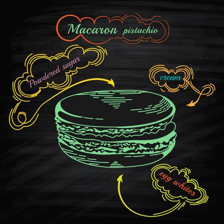 French macaroon cookies isolated on white. Vector food icon. Macaron an Engraving style. Cupcake on chalkboard. Design element for decorated cafeのイラスト素材