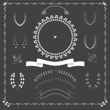 Hand drawn laurels. Set of decorating for cards and wedding invitations. Can use as a page decoration. Wreath on black background. Eps 8のイラスト素材