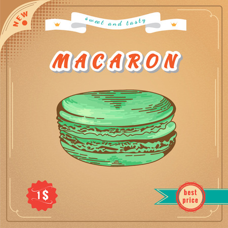 Macaron illustration. French macaron poster. Design for the decoration of the cafe or menu. Design element for decorated cafe. Banner with Pastryのイラスト素材