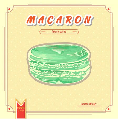 Macaron illustration. French macaron poster. Design for the decoration of the cafe or menu. Design element for decorated cafe. Banner with french pastryのイラスト素材