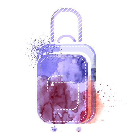 Suitcase watercolors poster hand drawn with stains. Watercolor techniques travel suitcase on white background. Watercolors of symbols on the topic travel summerのイラスト素材