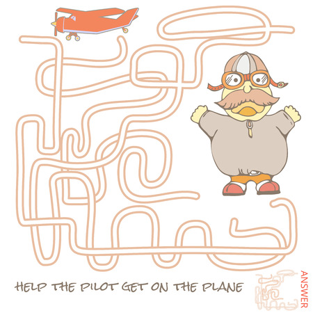 Funny Maze Game for kids. Maze or Labyrinth Game for Preschool Children. Maze puzzle with solution. Crtoon pilotのイラスト素材
