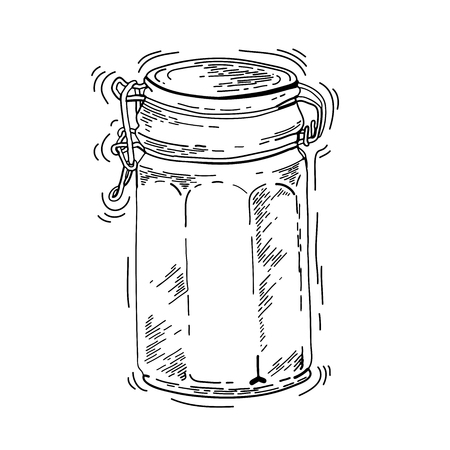 Vector ink hand drawn mason jars. Empty glass jar an engraving style. Jar isolated on white background. bowl isolated on a white backgroundのイラスト素材