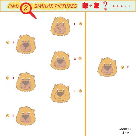 Find two similar pictures. Puzzle or picture riddle. Education matching game for preschool children. Cartoon bear. Answer includedのイラスト素材