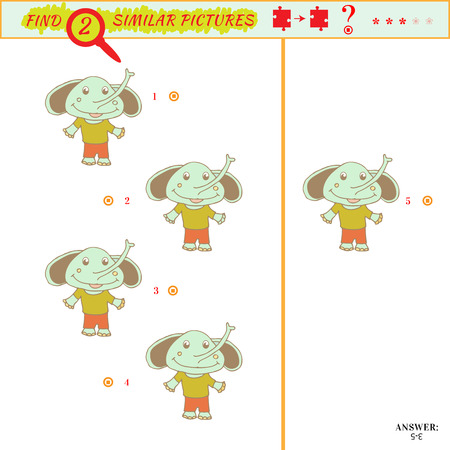 Find two similar pictures. Puzzle or picture riddle. Education matching game for preschool children. Cartoon elephant. Answer includedのイラスト素材