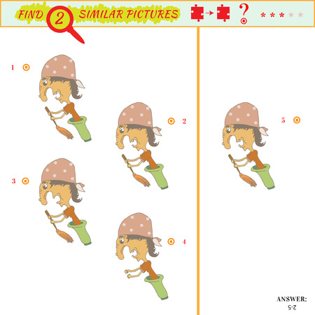 Find two similar pictures. Puzzle or picture riddle. Education matching game for preschool children. Cartoon witch. Answer includedのイラスト素材