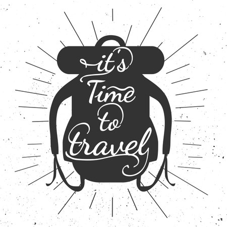 Black and white motivational posters. Vintage style backpack with calligraphy. bag shape. Inspirational  typography. Hand drawn typography posterのイラスト素材