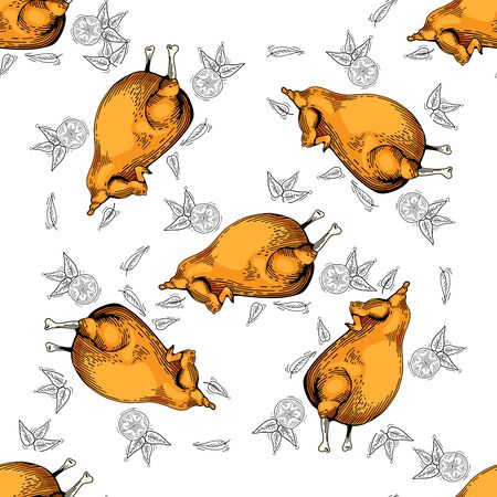 Vector seamless pattern. Pattern with food background. chicken  meat - seamless background. hand drawn fast food vector pattern. Doodle style chicken backgroundのイラスト素材