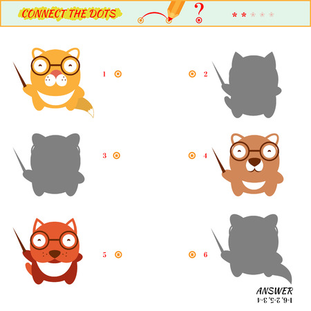 Visual game for kid. Matching applications game. Connect the dots picture. Puzzle, maze, jigsaw, quiz, rebus, game for preschool child. Cartoon cat, dog, bear,のイラスト素材