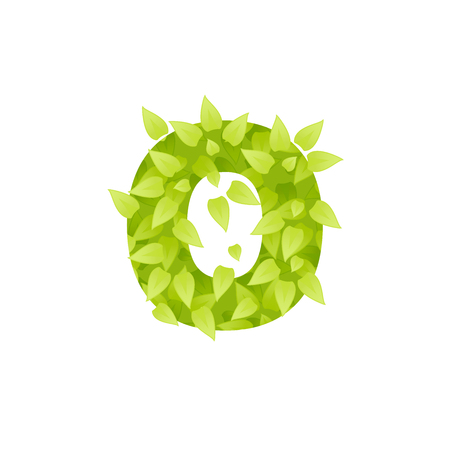 Alphabet of green grass on white background. Grass font letter. Vector illustration of letter O of green leaves. Lettering of grass alphabet. Typography font with grass textureのイラスト素材
