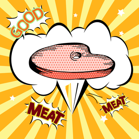 Steak house poster on retro background. Menu restaurant or cafe with meat beef or pork. Slice of steak with explosion and calligraphy. Barbecue pork meat in comic styleのイラスト素材