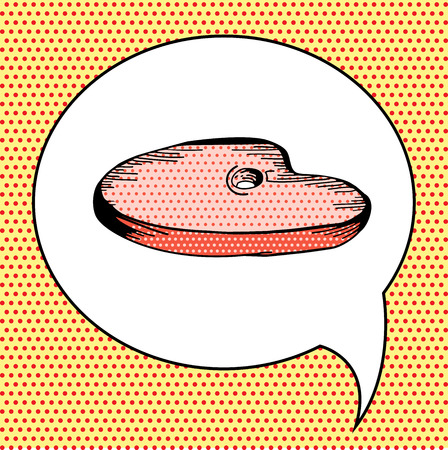 Steak house poster on retro background. Vintage decoration for menu restaurant or cafe with meat. Slice of steak hand drawn illustration. Barbecue pork meat in pop art  styleのイラスト素材