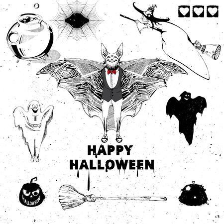 Halloween design elements. Collection of halloween witch, bat, pumpkin, spider, ghost, broom, cauldron, spiderweb. Vintage hand drawn Halloween poster designのイラスト素材