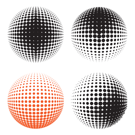 Abstract halftone circle design. Set of round icon, abstract globe symbol, business concept. Abstract black dotted sphere. Science and tourism, technology or environmental backgroundのイラスト素材