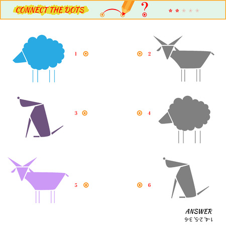 Visual game for kid. Matching applications game. Connect the dots picture. Puzzle, maze, jigsaw, quiz, rebus, game for preschool child. Cartoon dog, sheep, goatのイラスト素材