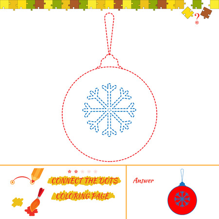 Puzzle connect the dots picture and coloring page. Visual game for kids. Puzzle for kid. Education game for preschool child. Numbers game to dot puzzle with christmas ballのイラスト素材