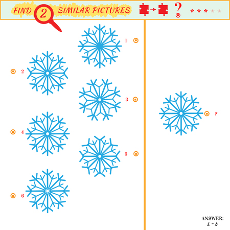 Game puzzles find similar image between two. Education matching game for preschool children. Visual puzzle game for kid. Quiz game. Cartoon snowflakesのイラスト素材