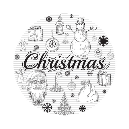 Christmas illustration with different winter symbols including ginger man, santa claus, presents, snowman, christmas tree, presents, snowflake. Place for your text.のイラスト素材