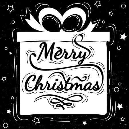 Christmas postcard with calligraphy, lettering, hand written, text. Merry Christmas - quote in a Christmas gift. Merry Christmas retro poster with hand lettering on chalkboardのイラスト素材