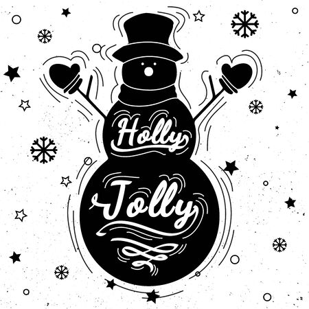 Snowman silhouette with calligraphy, lettering, hand written. Holly Jolly quote. Design element for congratulation cards, banners and posters on dirty paperのイラスト素材