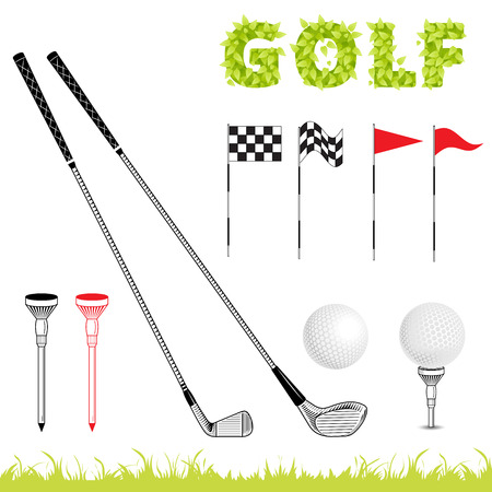 Golf icon set. Vector Set Golf Equipment Icons. Golf collection include: grass, bush, flag, hole,ball, tee, stick, club. Retro poster on sport themeのイラスト素材