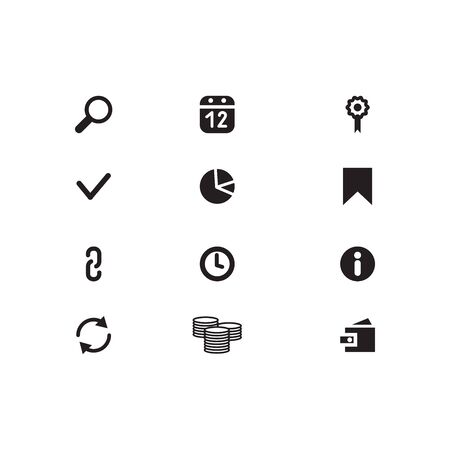 Black Website Icons on isolated background. SEO Icons. Set web icons include: Search, purse, link, arrow, calendar, chain, bookmark; clock, check mark, money, flagのイラスト素材