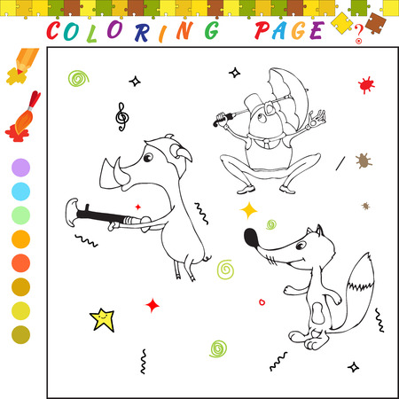Coloring book with cartoon fox, pig and frog Funny image for colouringのイラスト素材