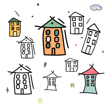 Many funny houses or building various shaped. Cartoon high-rise and apartment tower on isolated background. Set of Hand draw apartment block colorful and black colorのイラスト素材