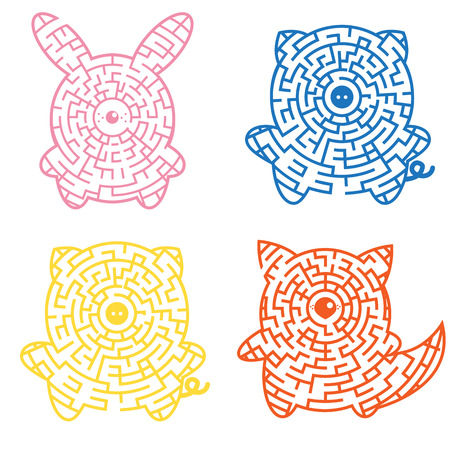 Set of mazes game for kids animals shape. Puzzle for Preschool Children. Rebus or quiz for schoolのイラスト素材