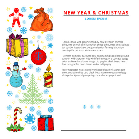 Christmas celebration concept - lots of christmas and new year symbols on isolated background. Presents, snowman, christmas tree, presents, snowflake. Place for your textのイラスト素材
