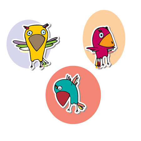 Set of birds in colorful circles. Three feathered animals with black outline hand drawn illustration. Doodles characters parrot simple form. Small colorful birds in different posesのイラスト素材
