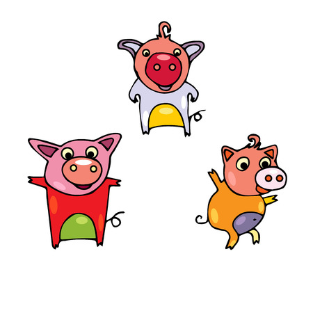 Set of cute little pigs painted different colors. Hand drawn piggy in doodles style. Cartoon boars with black outline on isolated backgroundのイラスト素材
