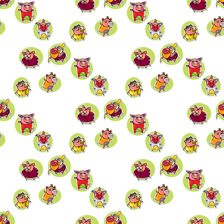 Hand drawn backgrounds with cut boar. Cover with Cartoon boars with black outline on isolated backgroundのイラスト素材