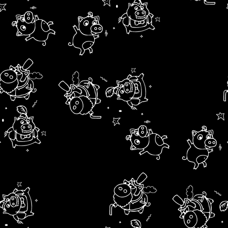 Pattern with Funny wild animals for design or decorate for decor. Decorative pattern with Charming piglets in suits and hats with cane.のイラスト素材