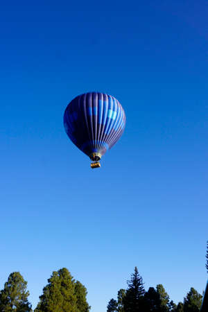 Hot air balloon above the tree topsの写真素材