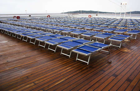 Hammocks on the deck of the boat at dawnの写真素材