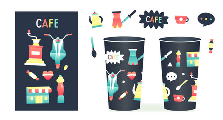 design concept of a coffee cup in a modern flat style. set of illustrations of various coffee items, cafe logo, coffee maker, pastry shopのイラスト素材
