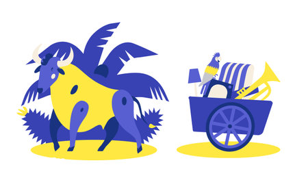 2021. Year of the Bull. Flat vector cartoon illustration isolated on white background, the bull is in the background of the jungle and the parrot sitting on the truckのイラスト素材