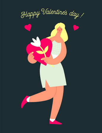 Valentines Day, a young girl holding a big heart. Characters in the concept of loveのイラスト素材