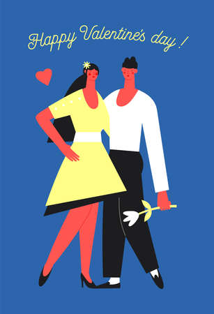 Valentines Day graphics, a young man and a girl are standing in an embrace . Characters in the concept of loveのイラスト素材