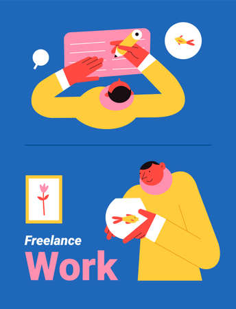 remote work, a man writes at his desk . a young man holds an aquarium with a goldfish in his handsのイラスト素材