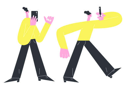 a young man takes pictures of himself on a smartphoneのイラスト素材