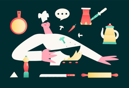 The chef cooks in a wok. Kitchenwareのイラスト素材