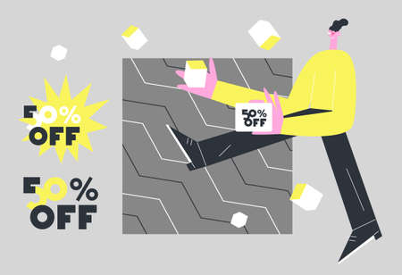 Young man holding a discount flyer. 50 percent discountのイラスト素材
